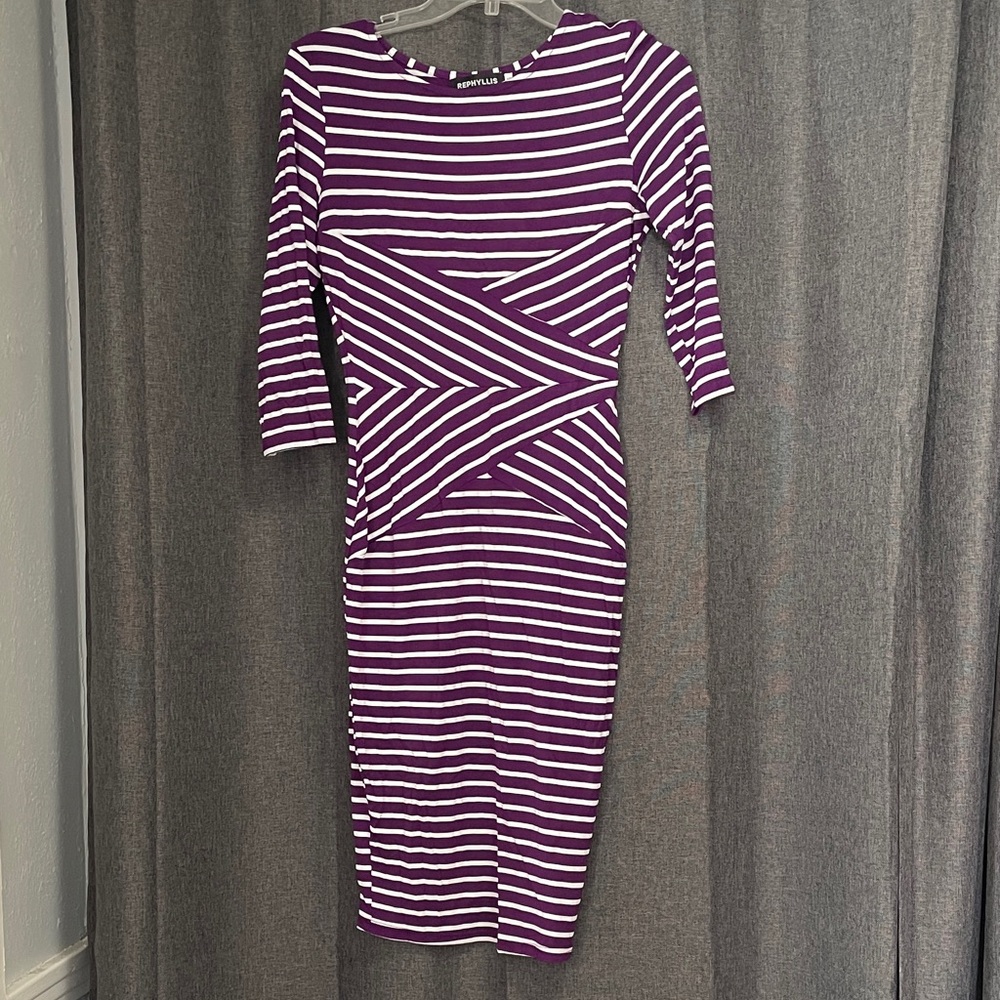 Striped Purple & White Long Sleeve Sheath Dress